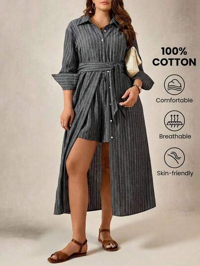 Zelara Plus Size Casual Commuter Striped Shirt And Shorts 2 Pieces Set Modest Dress Abaya Dress Casual Sets For Women Casual Outfit For Women Summer Vacation Outfits Valentine's Day Valentine Outfits For Women Summer Outfits Summer Outfit For Women Spring Break Outfits فساتين ساتره Modest Dress Abaya Dress
