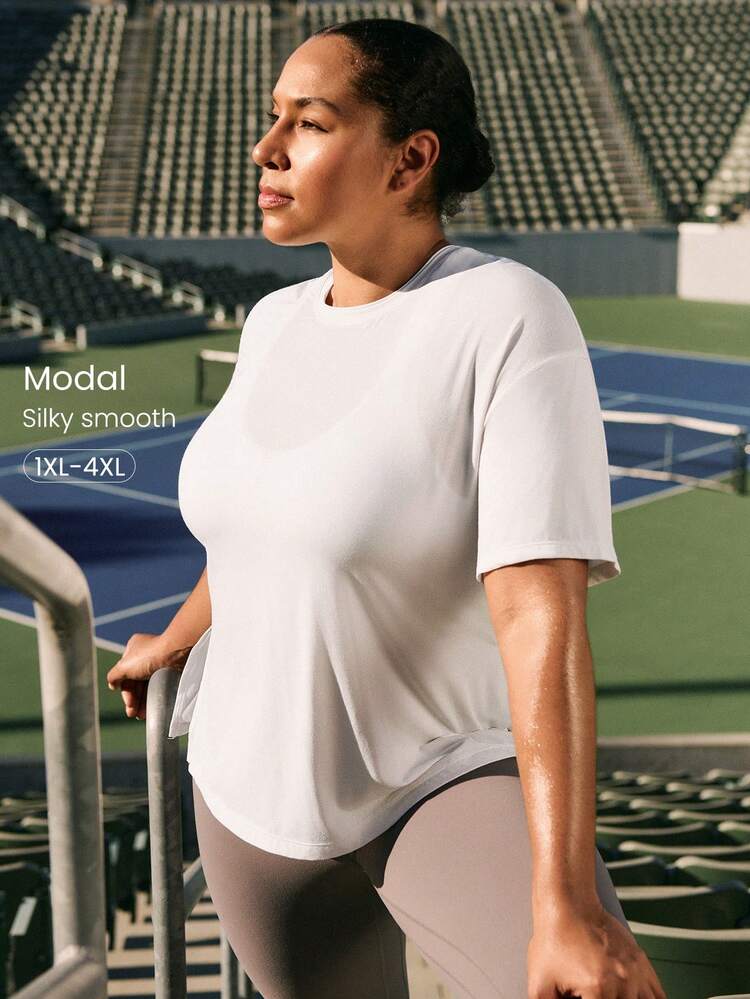 Plus Size SoftCalm Modal Boulevard Silky-Smooth Breathable Oversized Fit Dropped Shoulders Side Slits Double-Layer Crewneck Daily Casual Wear