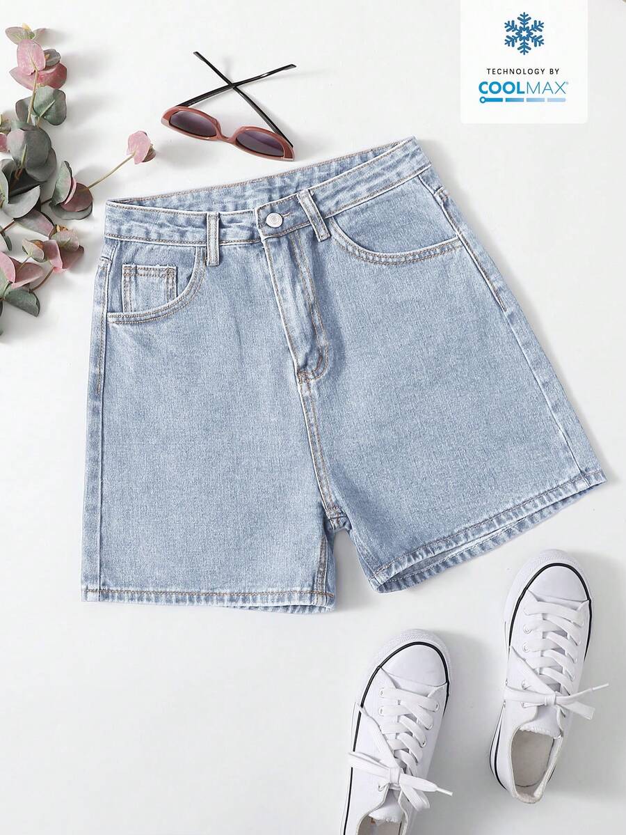 SHEIN EZwear Women's Solid Color Casual Denim Shorts - Light Wash - View 1