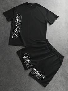 STYNVO 男士极简印花圆领短袖T恤和短裤套装 - 黑色 - 查看 3