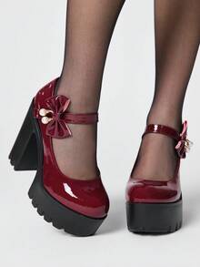 ROMWE Kawaii Women's Fashionable And Casual Platform High-Heeled Shoes, Punk-Style Elegant Solid Color With Bow And Pearl Strap Decorations, Comfortable Chunky Heel Platform Shoes For Nightclubs, Parties, And Holidays. Valentine's Day - Burgundy - View 1