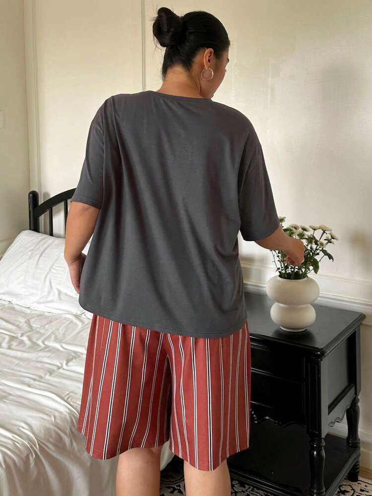 Dazy Plus Plus Size Letter Print Round Neck Short Sleeve Top And Striped Print Shorts Pajama Set