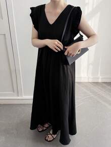 DAZY Women's V-Neck Cap Sleeve Plaid Patchwork Loose Mid-Length Dress - Black - View 6