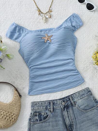 GlowEve Spring & Summer Starfish Metal Buckle Fitted Ladies T-Shirt, Textured Fabric, Suitable For Holiday, Date, Afternoon Tea, Vacation, Music Festival, Bohemian, Backyard Wedding