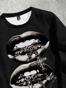 Manfinity EMRG 男士休闲街头风口哨十字印花圆领卫衣，秋季款 - 黑色 - 查看 2