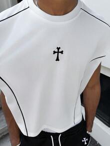 PAVTROS Men's Cross Pattern Round Neck Tank Top And Drawstring Waist Shorts Set - Black - View 6