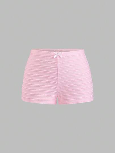 Sweetra Women's Pink Textured High Stretch Low Waist Fitted Bow Tie Super Short Shorts, Sexy Sweet Girly Beach Holiday Style