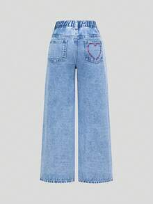 SHEIN 少女牛仔裤，春夏新款，百搭浅蓝色水洗牛仔布，时尚休闲校园风，红色爱心刺绣，宽松阔腿版型，舒适棉质牛仔面料，适合上学、户外活动和日常穿着。 - 淺色水洗藍 - 查看 3