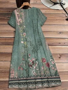 Rusticease Đầm tay ngắn cổ tròn, dáng rộng, phong cách tối giản lãng mạn, họa tiết hoa, thích hợp cho kỳ nghỉ. - Nhiều màu - Xem 2