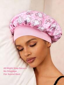 HELLO KITTY AND FRIENDS | SHEIN Aufgerüstete doppelschichtige Damen-Haarpflegekappe in Pink, breite elastische Satin-Schlafkappe mit Cartoon-Katzen-Muster, weich & bequem für den täglichen Gebrauch Zuhause, Schlafen - Pink - Übersicht 4