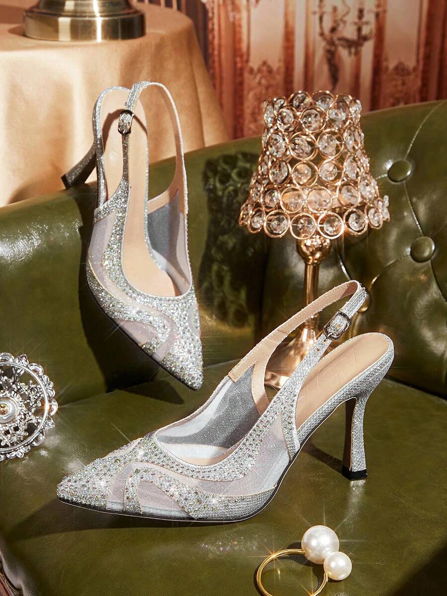 CUCCOO TILAWA Giày cao gót mũi nhọn thanh lịch dành cho nữ - Giày cao gót thời trang, gợi cảm, đính đá lấp lánh, đa năng - Thích hợp cho đám cưới, dạ hội, tiệc tùng và khiêu vũ. - Bạc - Xem 1