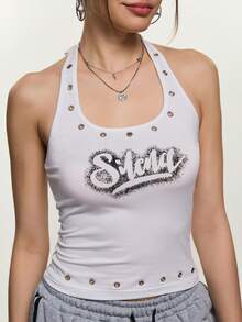 Rina Fox Women's Keyhole Backless Halter Neck Tank Top - White - View 5