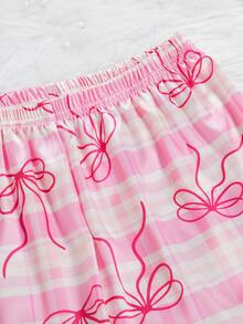 Girls Butterfly Striped Print Satin Trim Contrast Color Short Sleeve Shorts Cardigan Pajama Set, Fashion Lapel Casual Loungewear - Multicolor - View 4