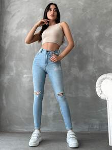 SHEIN Cottnline Ripped Skinny Jeans - Blue - View 3