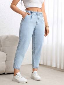 EMERY ROSE Plus Size Women's Casual Denim Tapered Pants, Non-Stretch, Discounted - Light Wash - View 6