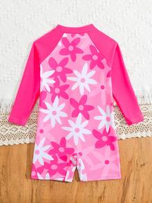 SHEIN Playful Pals 女童鲨鱼印花长袖连体泳衣，可爱设计，防晒，夏季 - 玫紅色 - 查看 3