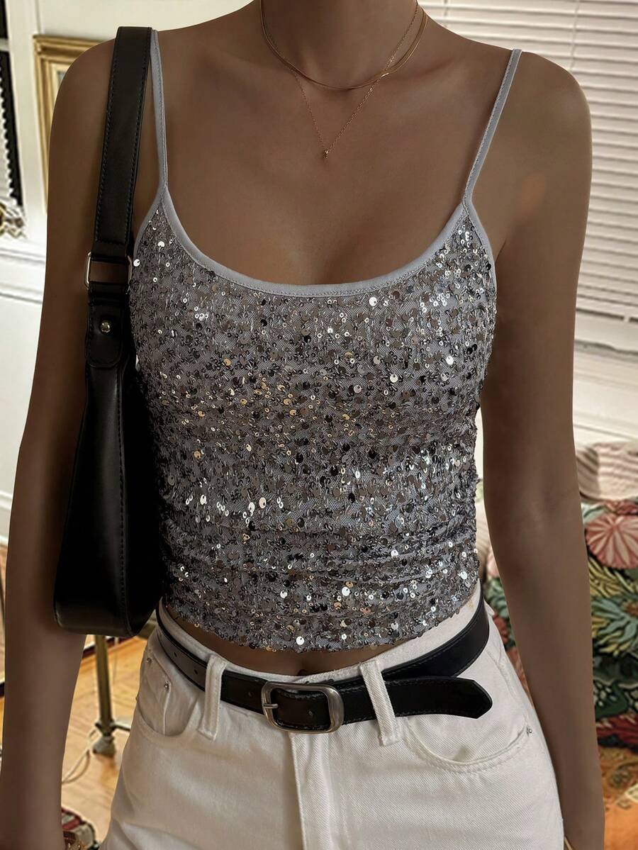 DAZY Áo hai dây ôm sát màu trơn đính sequin dành cho nữ, thời trang cho các dịp tiệc tùng. - Xám - Xem 1