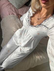 DAZY 甜美蝴蝶结波点撞色滚边荷叶边女士睡衣套装 - 白色 - 查看 4