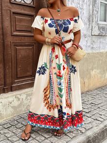 Breezaya Plus Size Women's Elegant Floral Off-Shoulder Cinched Waist Maxi Dress,Ruffle Sleeve Beige Summer Boho Vacation Holiday Party Daily Dress - Multicolor - View 5