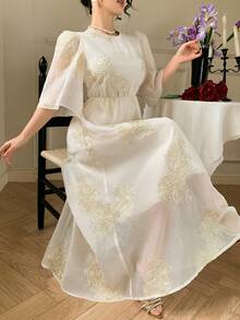 DAZY French Embroidery Niche Design Sense Elegant Loose Elegant Women Long Dress Maxi Dress Sundress - Beige - View 5