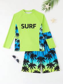 SHEIN Teen Boys 2 Pieces Swimwear Set,Long Sleeve Palm Tree Print Rash Guard Top With Swim Trunks,Suitable For Summer,Beach,Holiday,Pool Party Surf Shirt - Multicolor - View 4