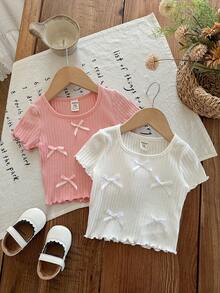 SHEIN LMoss Kids 2件套休闲百搭纯色蝴蝶结针织上衣，适合女婴 - 彩色 - 查看 4