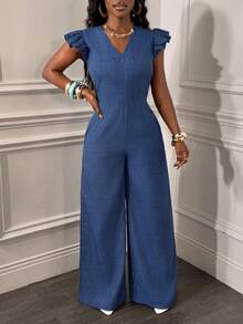 Glyssa Mono elegante y casual de mujer con cuello en V azul, mangas cortas fruncidas y piernas anchas, para primavera/verano - Azul - Ver 4