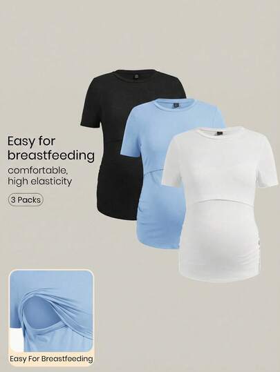 Modmama Camiseta de enfermería casual de maternidad de unicolor con cuello redondo y manga corta