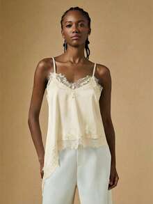 Briarwyn 女士纯色吊带蕾丝边不对称下摆宽松衬衫 - 杏色 - 查看 6