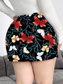 Flirla Plus Size V-Waist Front Slit Butterfly Print Culottes For Women - Multicolor - View 2