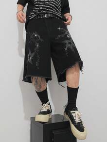 Manfinity EMRG 美国街头风水洗黑色水钻装饰牛仔短裤 - 黑色 - 查看 3