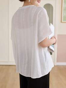 Vivie Lora Women's Solid Color V-Neck Loose Half-Placket Batwing Short Sleeve Blouse - White - View 7