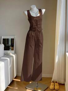 SHEIN EZwear Bộ đồ nữ màu nâu vải lanh gồm áo hai dây và quần dài, kiểu dáng thường ngày cho kỳ nghỉ hè, váy màu nâu sô cô la, quần áo màu nâu, váy màu nâu cà phê, bộ liền thân màu nâu, bộ đồ hai mảnh màu nâu, bộ đồ liền thân nữ màu nâu, áo liền quần nữ màu nâu. - màu nâu - Xem 5