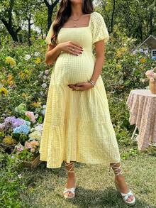 SHEIN Maternity Solid Color Square Neck Petal Sleeve Ruffle Hem Pleated Dress - Yellow - View 3