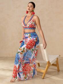 Swim Oasis 女士夏季沙滩印花时尚性感比基尼泳衣套装，含罩衫和裙子 - 彩色 - 查看 5