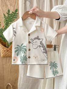 SHEIN Vintaside Kids Toddler Boys' Funny Wild Animal Print Short Sleeve Shirt And Shorts Set, Spring/Summer Vacation Casual - Multicolor - View 1