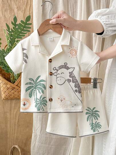 SHEIN Vintaside Kids 幼儿男童趣味野生动物印花短袖衬衫短裤套装，春夏度假休闲装