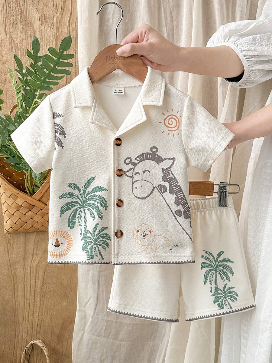SHEIN Vintaside Kids Toddler Boys' Funny Wild Animal Print Short Sleeve Shirt And Shorts Set, Spring/Summer Vacation Casual - Multicolor - View 1