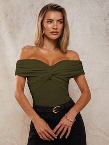 COSMINA Women's Solid Color Off-Shoulder Twist Design Bodysuit - Green - View 3