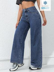 SHEIN ICON Quần jeans nữ ống rộng có túi, dáng suông, đa năng. - Rửa tối - Xem 7