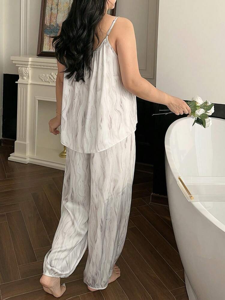 Dazy Plus 2pcs Plus Size Women Loose Fit Floral Print Camisole Top And Long Pants Chiffon Pajama Set, Spring/Summer