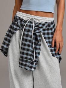 Athîral Women's Casual Fashion Street Plaid Patchwork Drawstring Waist 2 In 1 Long Pants - Grey - View 4