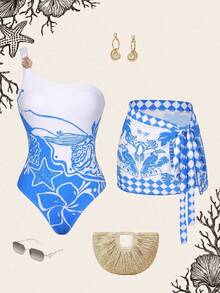 Swim Oasis 蓝白花卉印花连体泳衣，饰有金属叶片和蝴蝶结，休闲度假女装 - 藍白色 - 查看 3