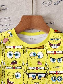 SpongeBob SquarePants | SHEIN 男婴圆领印花休闲日常短袖上衣 - 白色 - 查看 5
