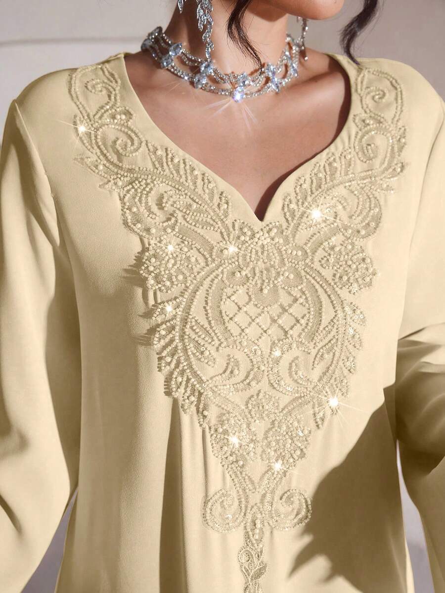 Al Najma Luxurious Embroidered & Beaded Loose Long Sleeve Split Maxi Dress, Turkish & Arabic Traditional Style - Yellow - View 1