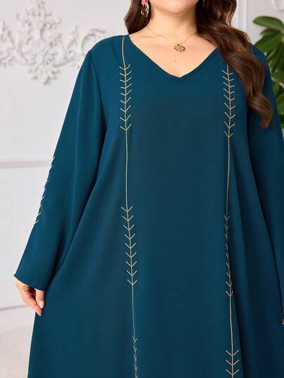 Al Najma Đầm dài tay dáng rộng, thêu họa tiết cổ điển, thanh lịch, truyền thống, đẹp mắt, cỡ lớn dành cho nữ.