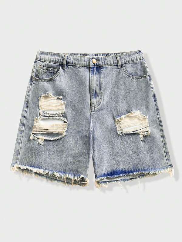 EASEVO Plus Size Men's Casual Distressed Pocket Frayed Hem Denim Shorts Ripped Jean Shorts Distressed Denim Shorts Jorts Frayed Hem Shorts