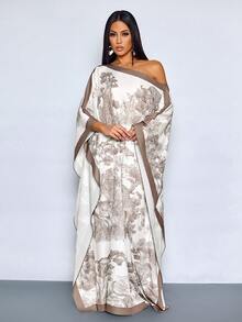 SOLERSUN 女士优雅披肩印花长款连衣裙，露肩沙滩轻盈度假晚礼服，优雅米色印花披肩式长款连衣裙，露肩正式鸡尾酒会礼服 - 咖啡 - 查看 5