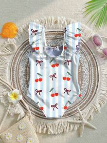 1pc Baby/Toddler Girls' One-Piece Swimsuit With Blue Stripe & Cherry Print, Ruffled Trim, Cute For Beach, Vacation, Pool, Summer, Holiday, Travel Toddler Bathing Suit Full Coverage Toddler Bathing Suits Toddler Beach Wear Toddler Cherry Swimsuit Toddler Girl Swimsuit - Multicolor - View 2