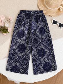 SHEIN Young Girl Ditsy Floral Loose Casual Pants Wide Leg Pants For Kids Kids Pants For Girls Baggy Pants For Kids - Navy Blue - View 2
